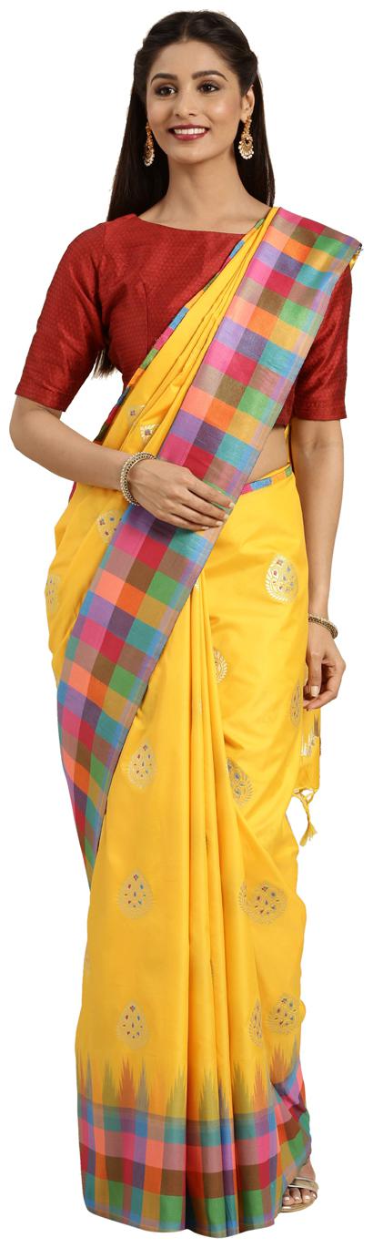 

Varkala Silk Sarees Yellow Checkered Kanchipuram Silk Regular Saree With Blouse Without blouse