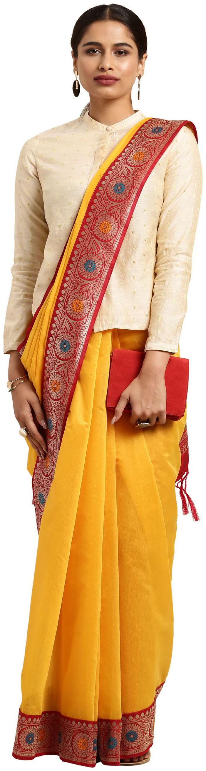 

Varkala Silk Sarees Mustard Woven Banarasi Regular Saree With Blouse With blouse