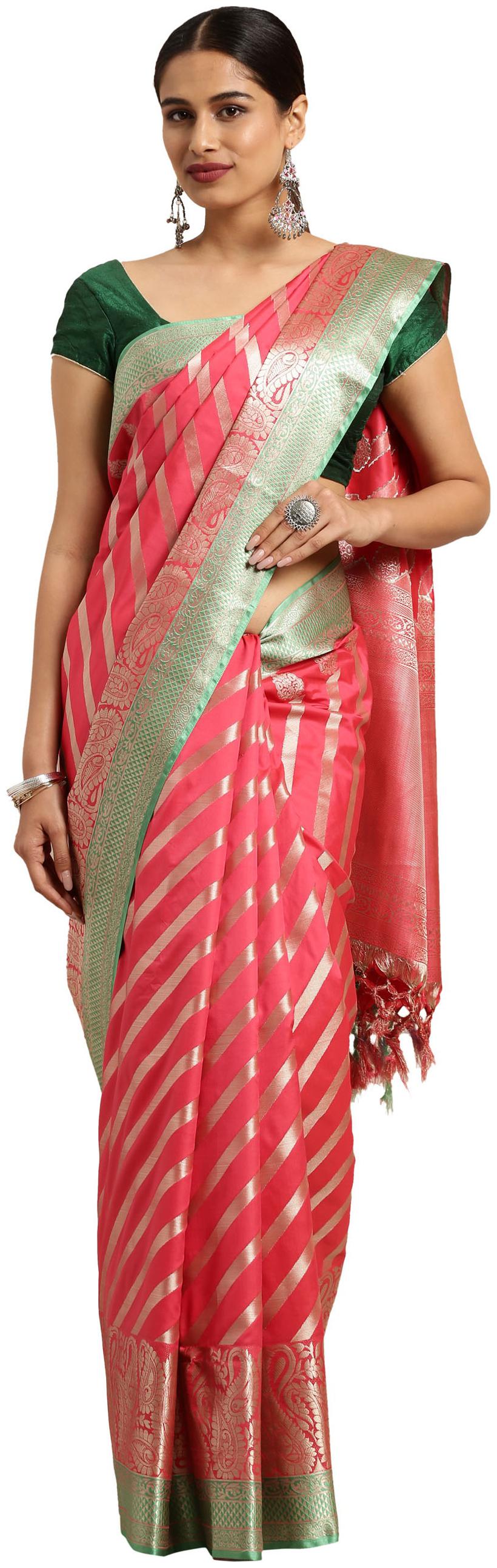 

Varkala Silk Sarees Pink Striped Kanchipuram Silk Regular Saree With Blouse With blouse