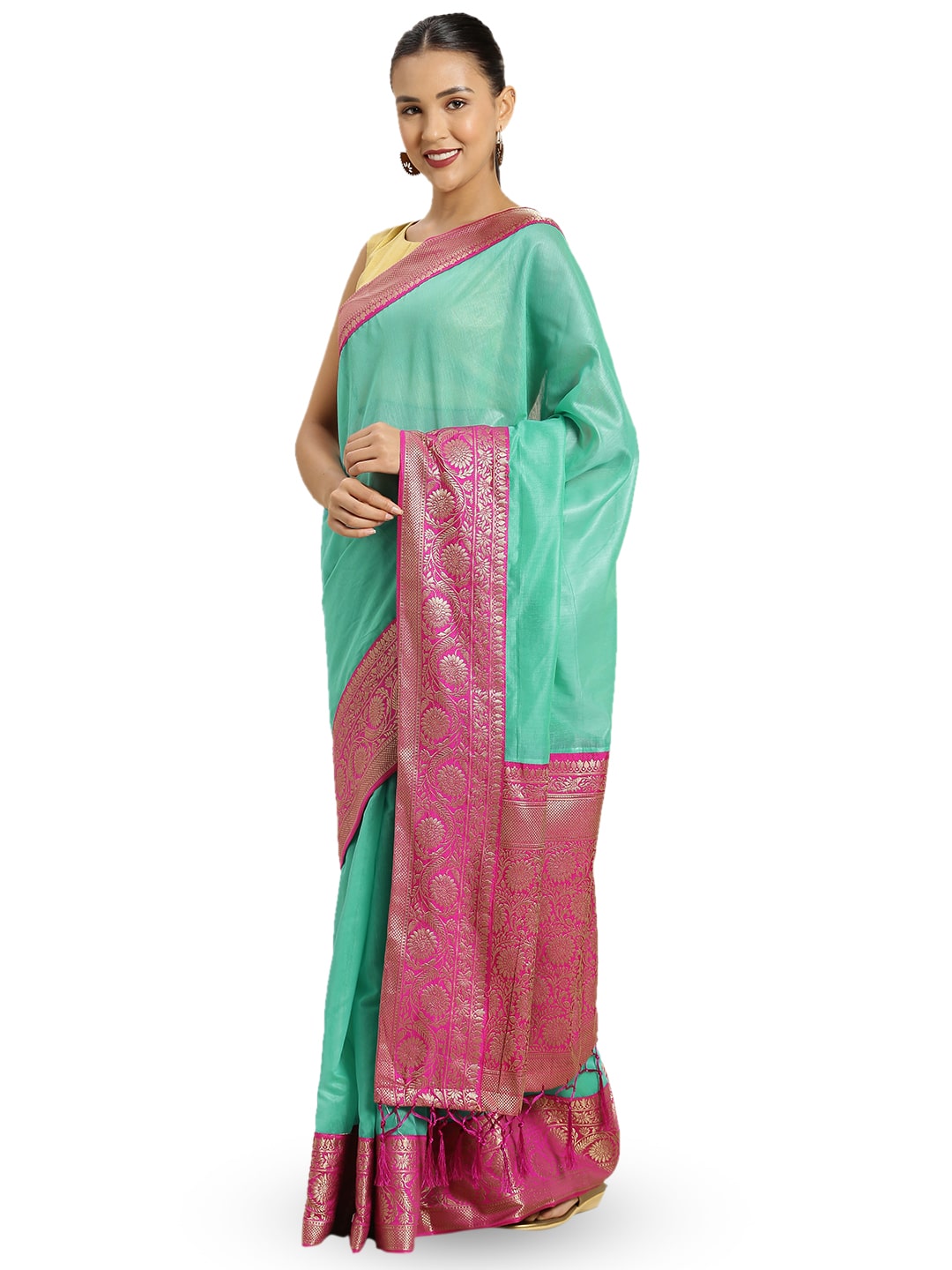 

Varkala Silk Sarees Women Cotton Blend Turquoise Regular Saree With Blouse