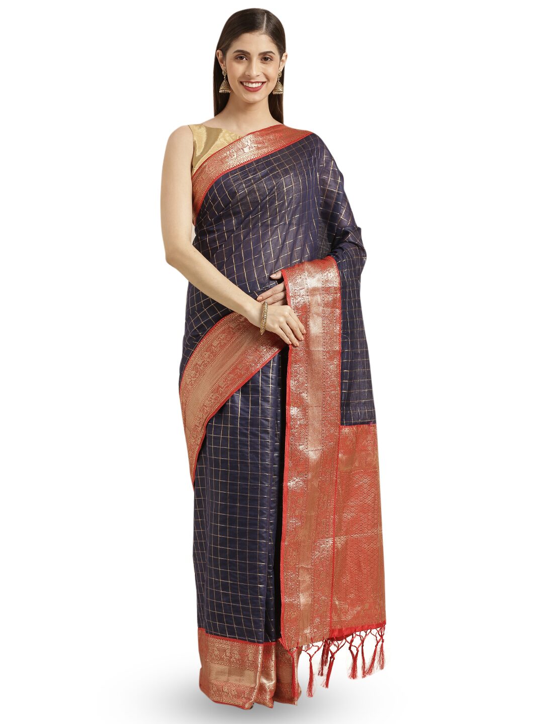 

Varkala Silk Sarees Women Cotton Blend Navy Blue Regular Saree With Blouse