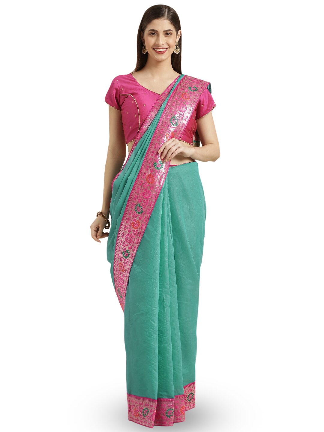 

Varkala Silk Sarees Women Cotton Blend Turquoise Regular Saree With Blouse