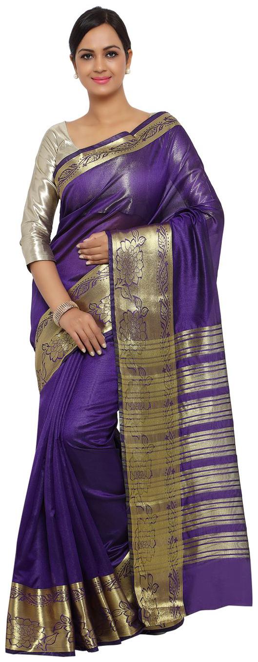 

Varkala Silk Sarees Purple Striped Kanchipuram Silk Regular Saree With Blouse With blouse