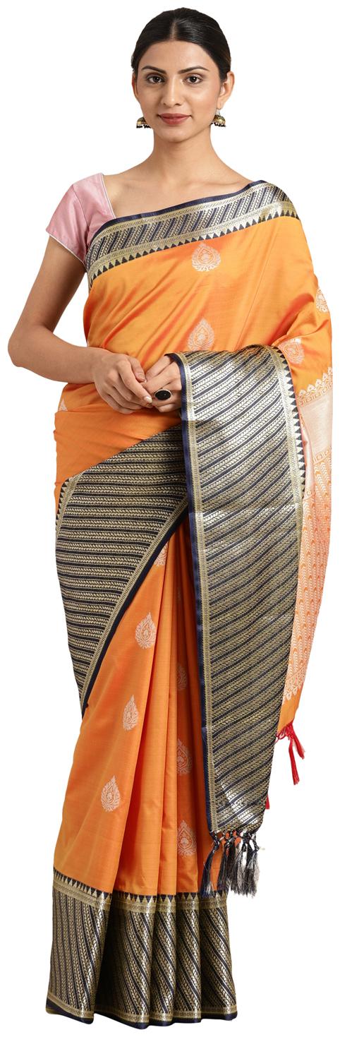

Varkala Silk Women Kanjivaram Banarasi Silk Saree Mustard Blue