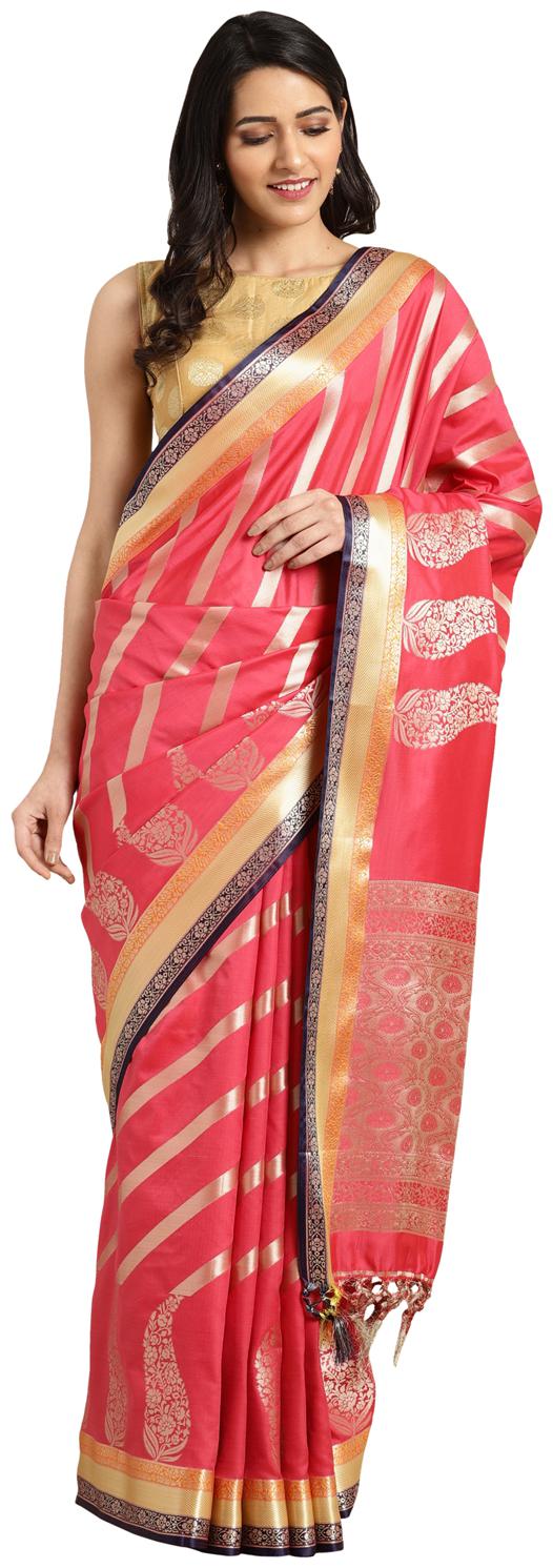 

Varkala Silk Women Kanjivaram Banarasi Silk Saree Pink Gold