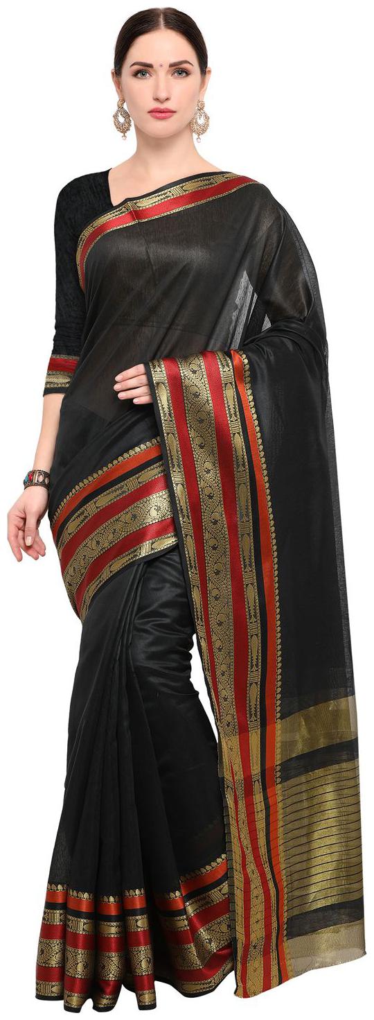 

Varkala Silk Sarees Black Woven Banarasi Regular Saree With Blouse With blouse