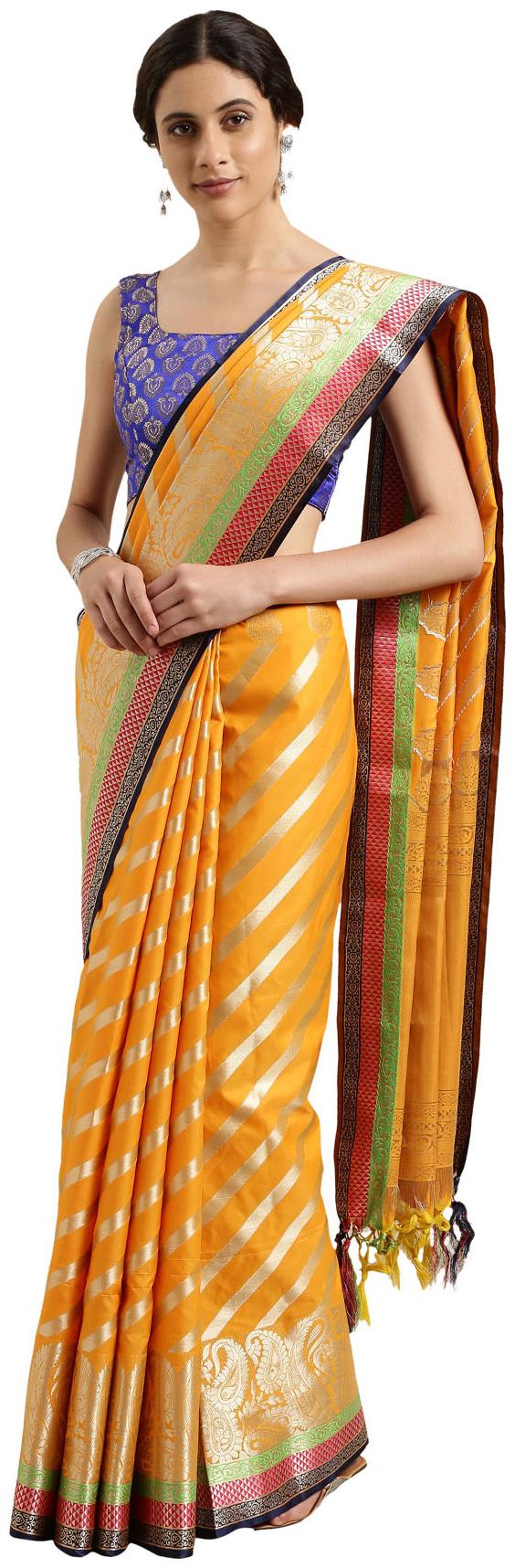 

Varkala Silk Sarees Orange Striped Kanchipuram Silk Regular Saree With Blouse With blouse