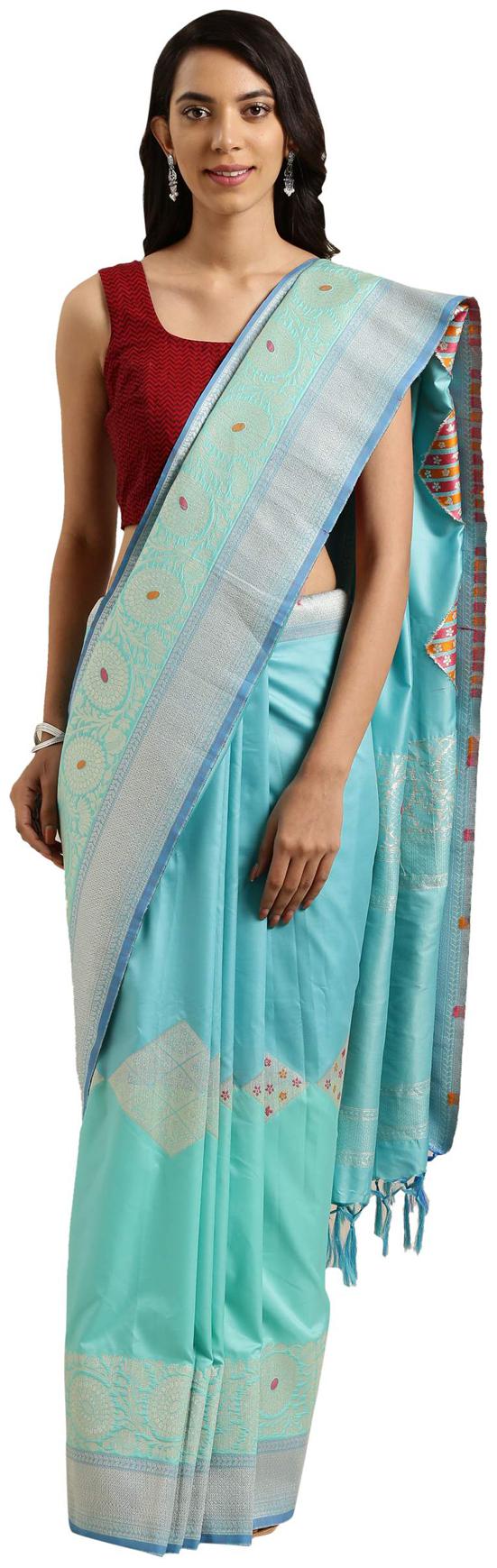 

Varkala Silk Sarees Silk Printed Turquoise Saree