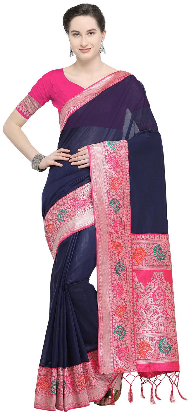 

Varkala Silk Sarees Blue Woven Banarasi Regular Saree With Blouse With blouse