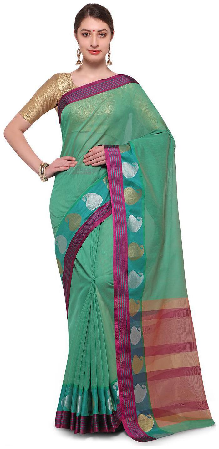 

Varkala Silk Sarees Green Woven Banarasi Regular Saree With Blouse With blouse