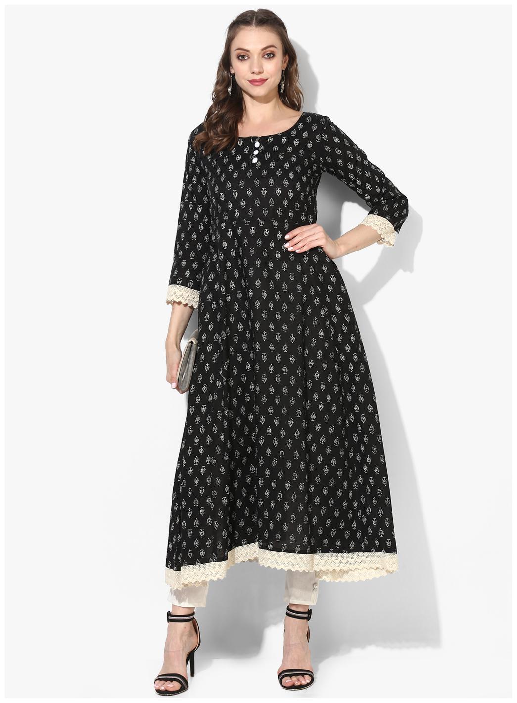 

VARKHA FASHION Women Black Printed Straight Kurta
