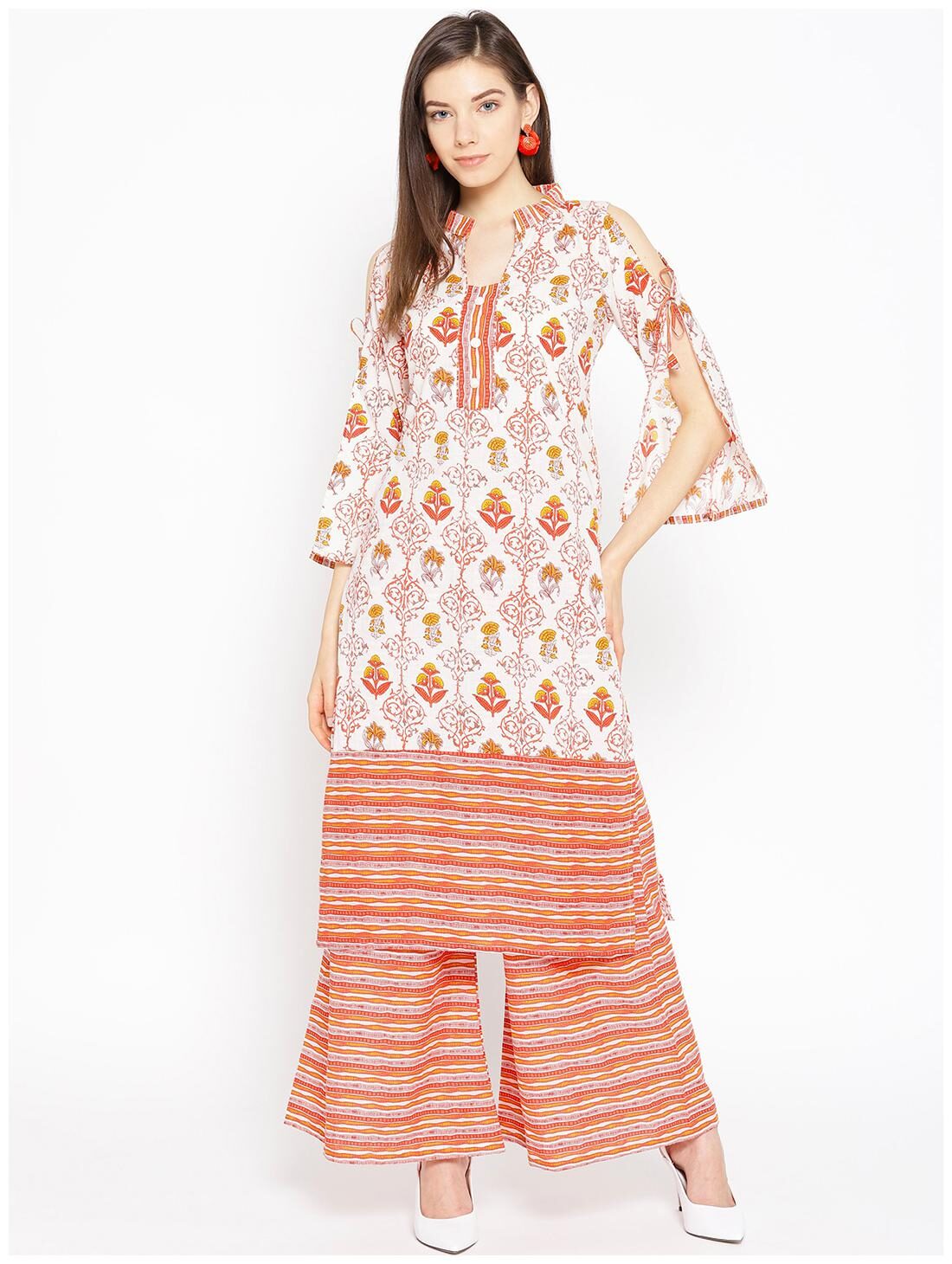 

Varkha Fashion Cotton Printed Kurta With Palazzo White