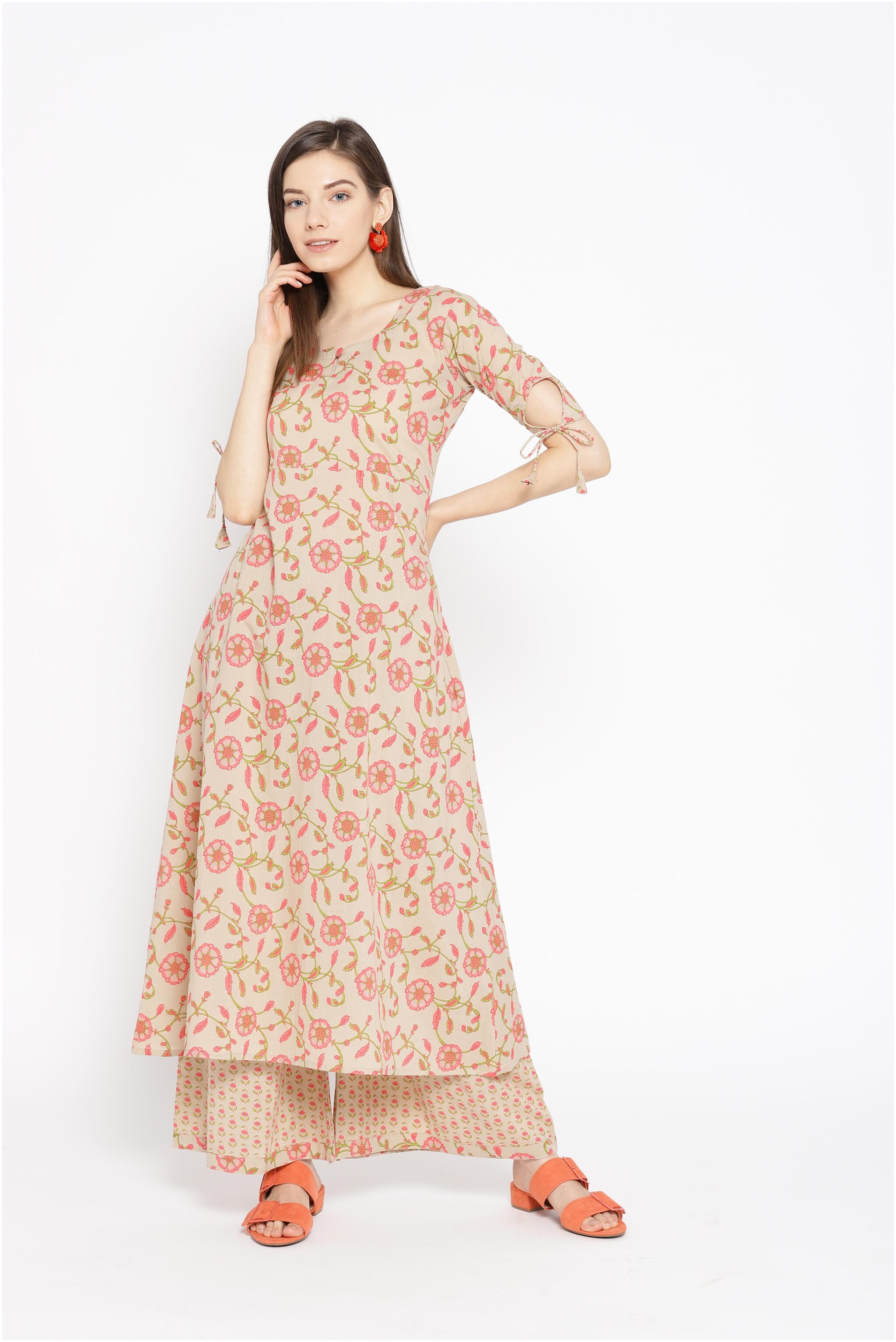 

Varkha Fashion Rayon Floral Kurta With Palazzo Beige