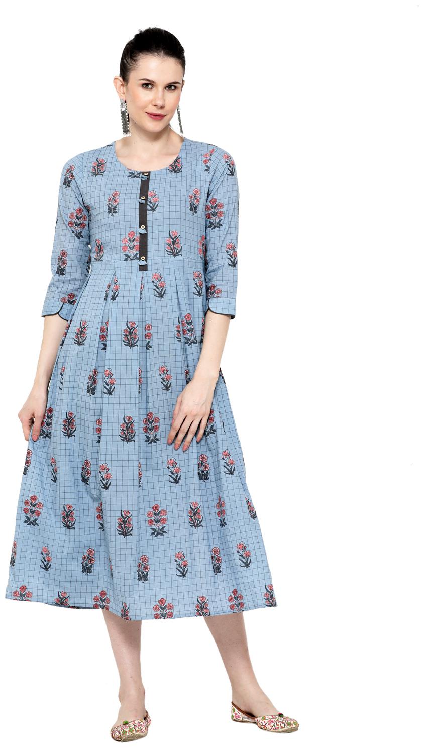 

Varshika Cotton Blue Floral Kurta Dress For Women