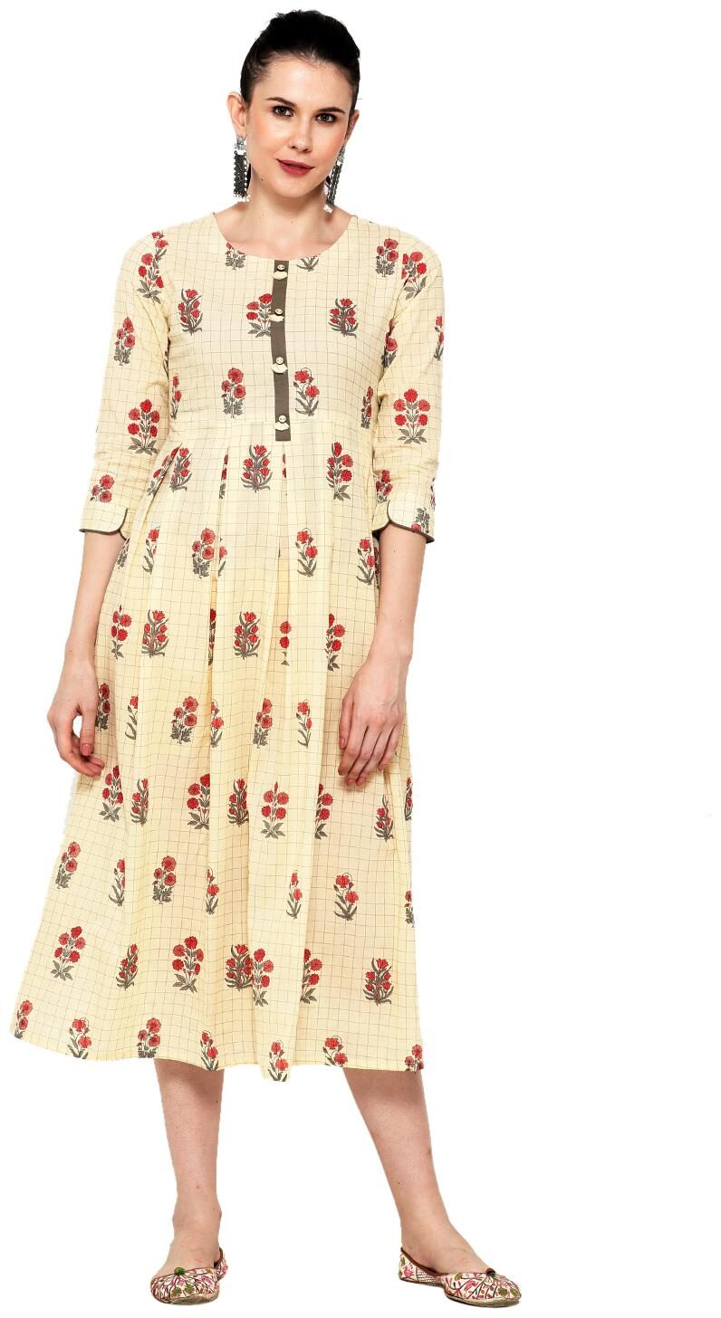 

Varshika Cotton Cream Floral Kurta Dress For Women