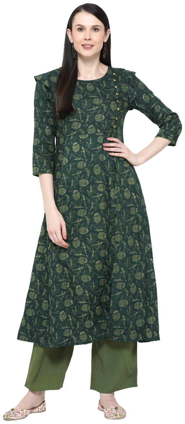 

Varshika Women Green Floral Asymmetric Kurta With Palazzo