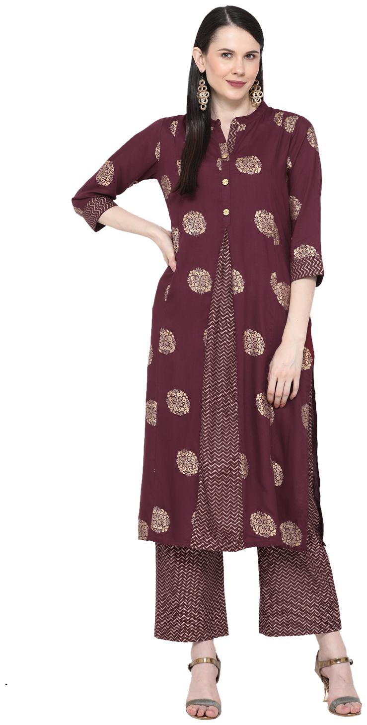

Varshika Women Maroon Printed Straight Kurta With Palazzo
