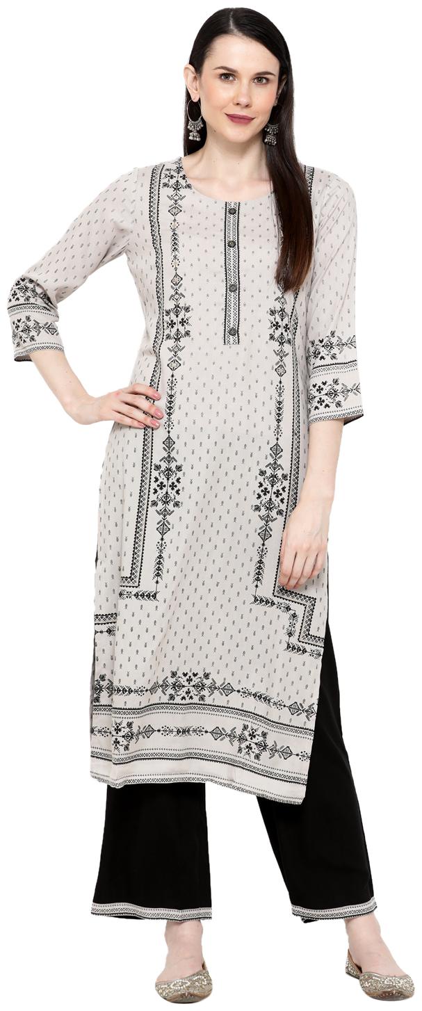 

Varshika Women Grey Printed Straight Kurta With Palazzo