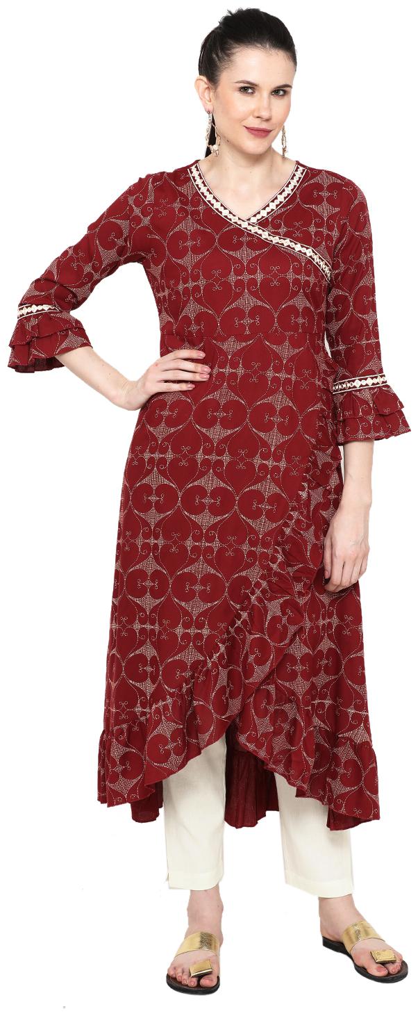 

Varshika Women Maroon Printed Assymetrical Kurta