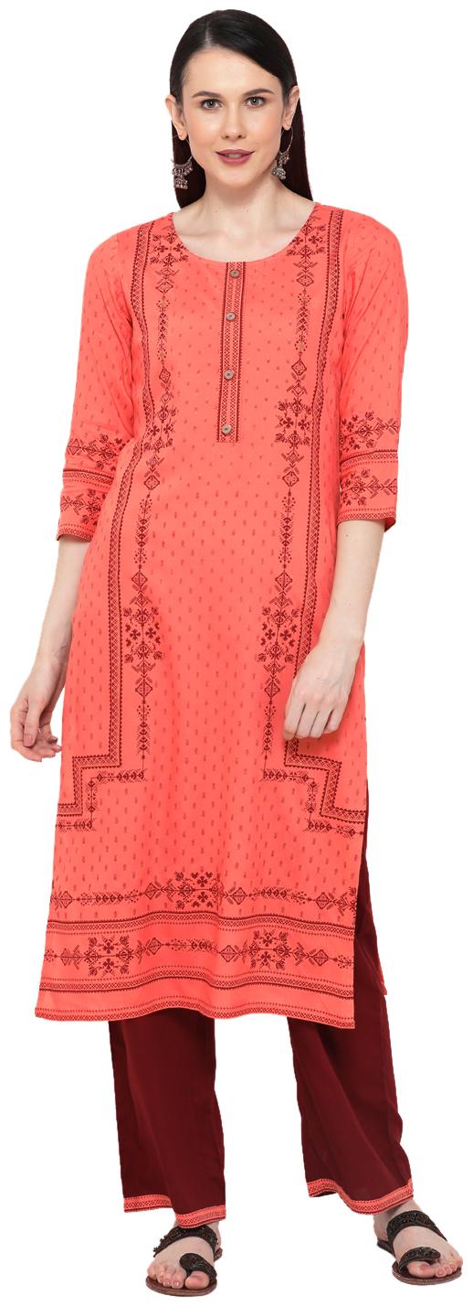 

Varshika Women Orange Printed Straight Kurta With Palazzo