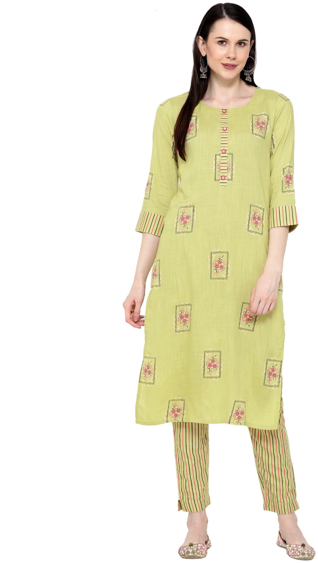 

Varshika Women Green Printed Straight Kurta With Pants