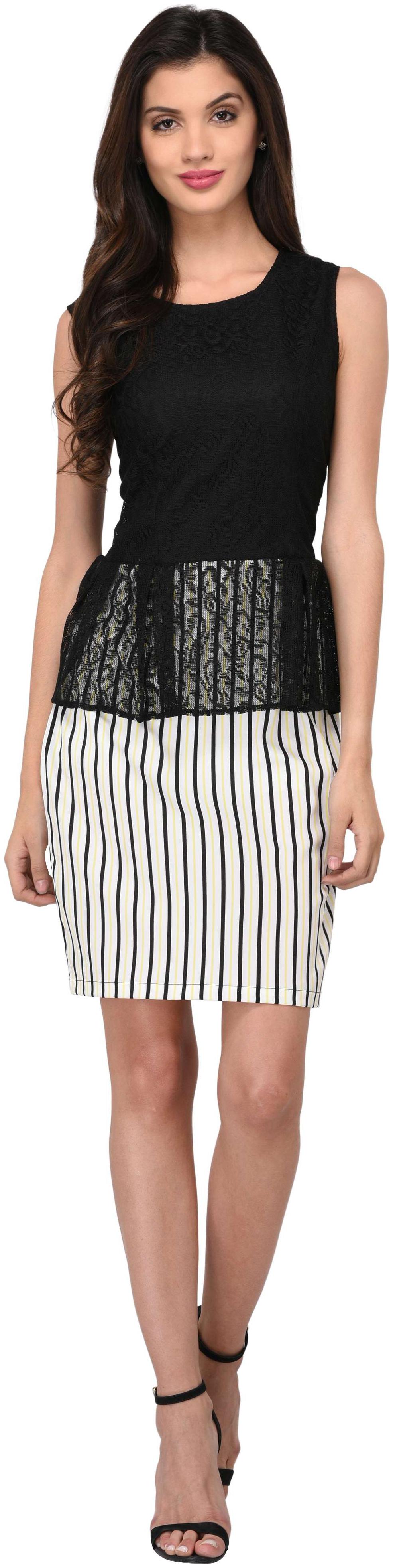 

Vashist polyester Black and WhiteStriped Peplam Short Dress
