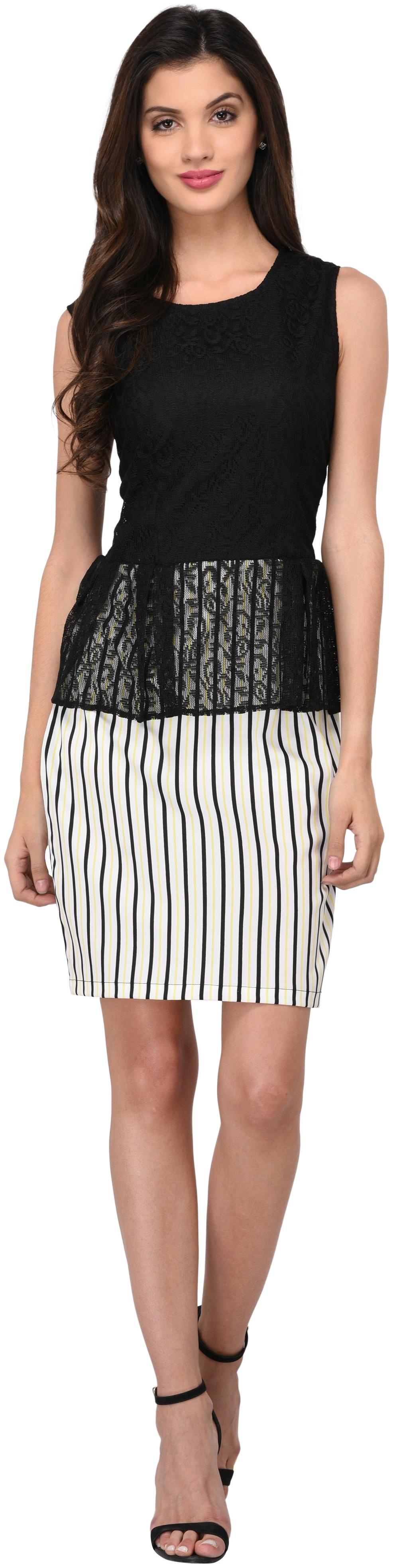 

Vashist polyester Black and WhiteStriped Peplam Short Dress