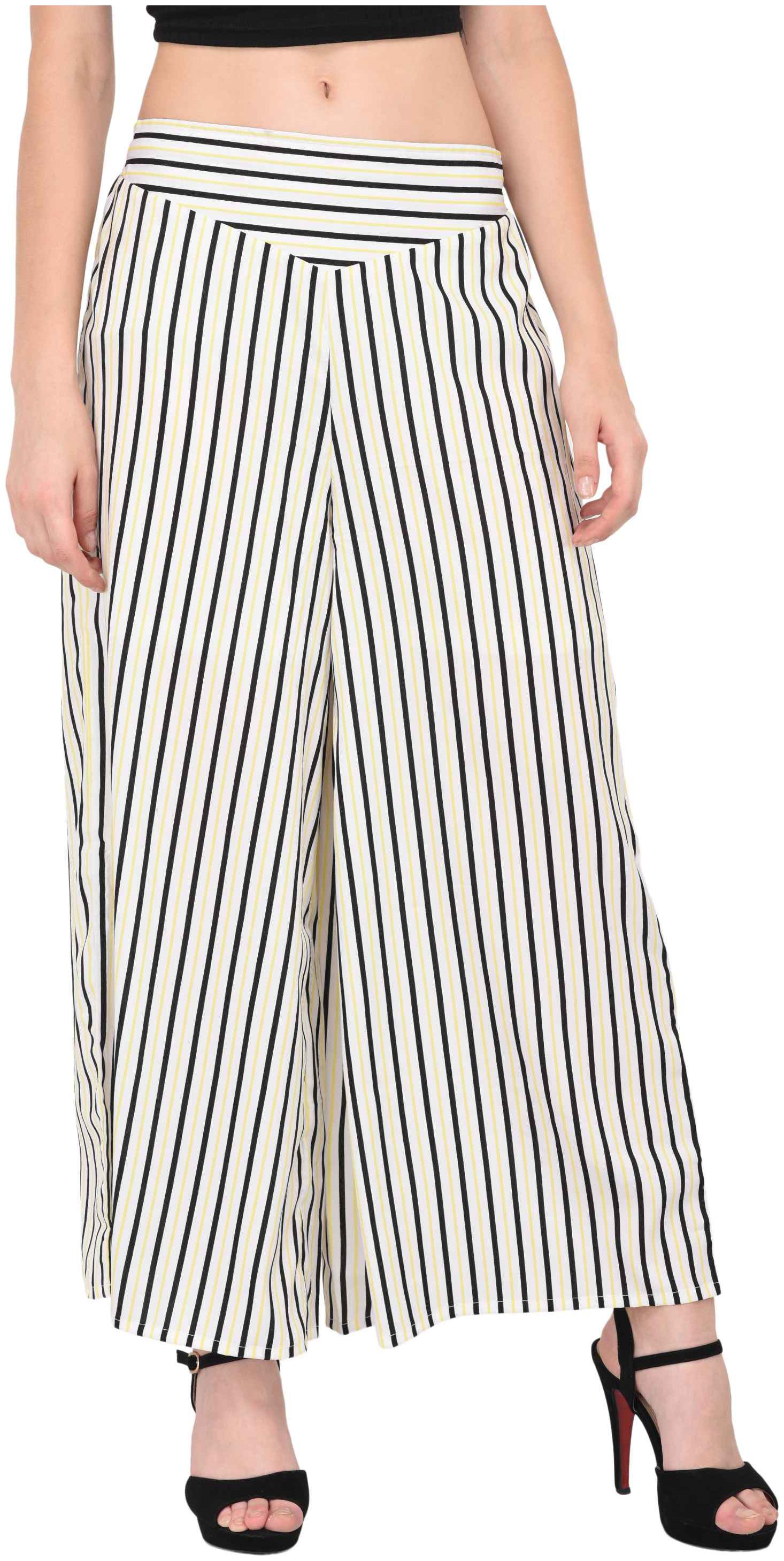 

Vashist Women White Black Poly Crepe Stripe Flred Palazzo