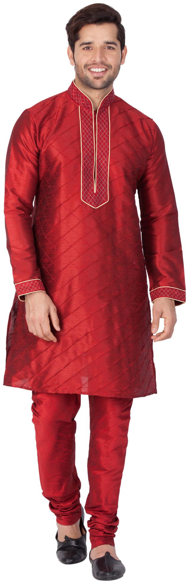 

Vastramay Men Maroon Cotton Silk Kurta and Pyjama Set