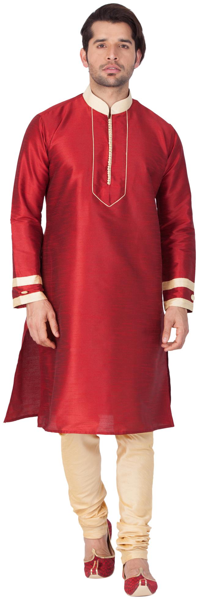 

Vastramay Men Maroon Cotton Silk Kurta and Pyjama Set
