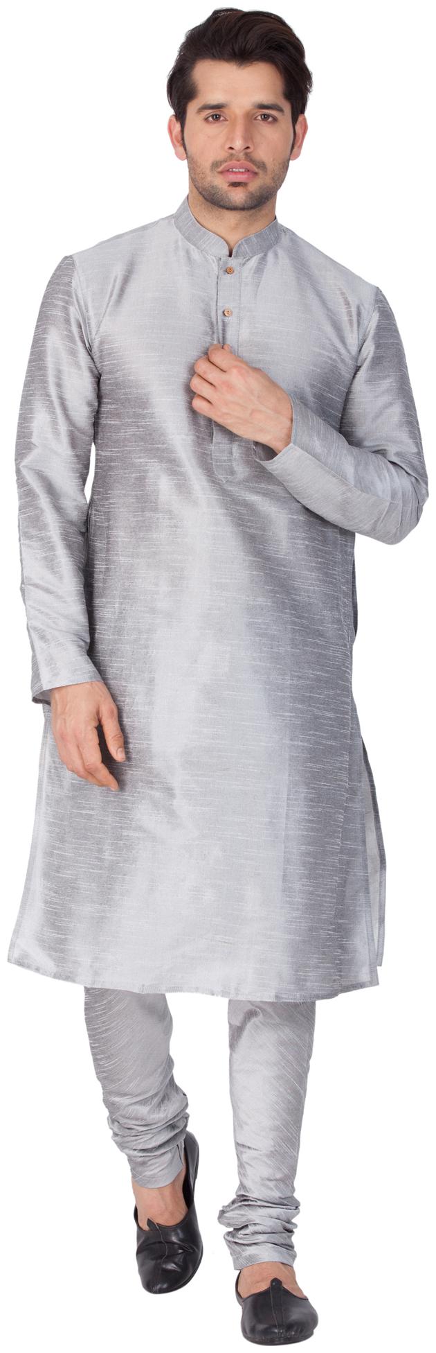 

Vastramay Men Grey Cotton Silk Kurta and Pyjama Set