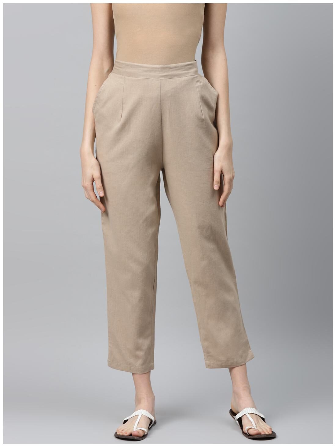 

Vasudha Pure Cotton Stretchable Regular Fit Beige Cigarette Pants Trouser For Women
