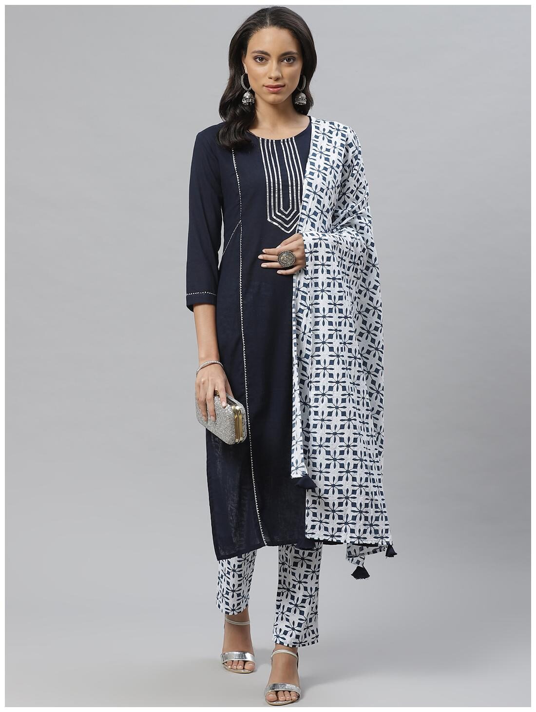 

Vasudha Women Blue Printed Straight Kurta With Pants And Dupatta