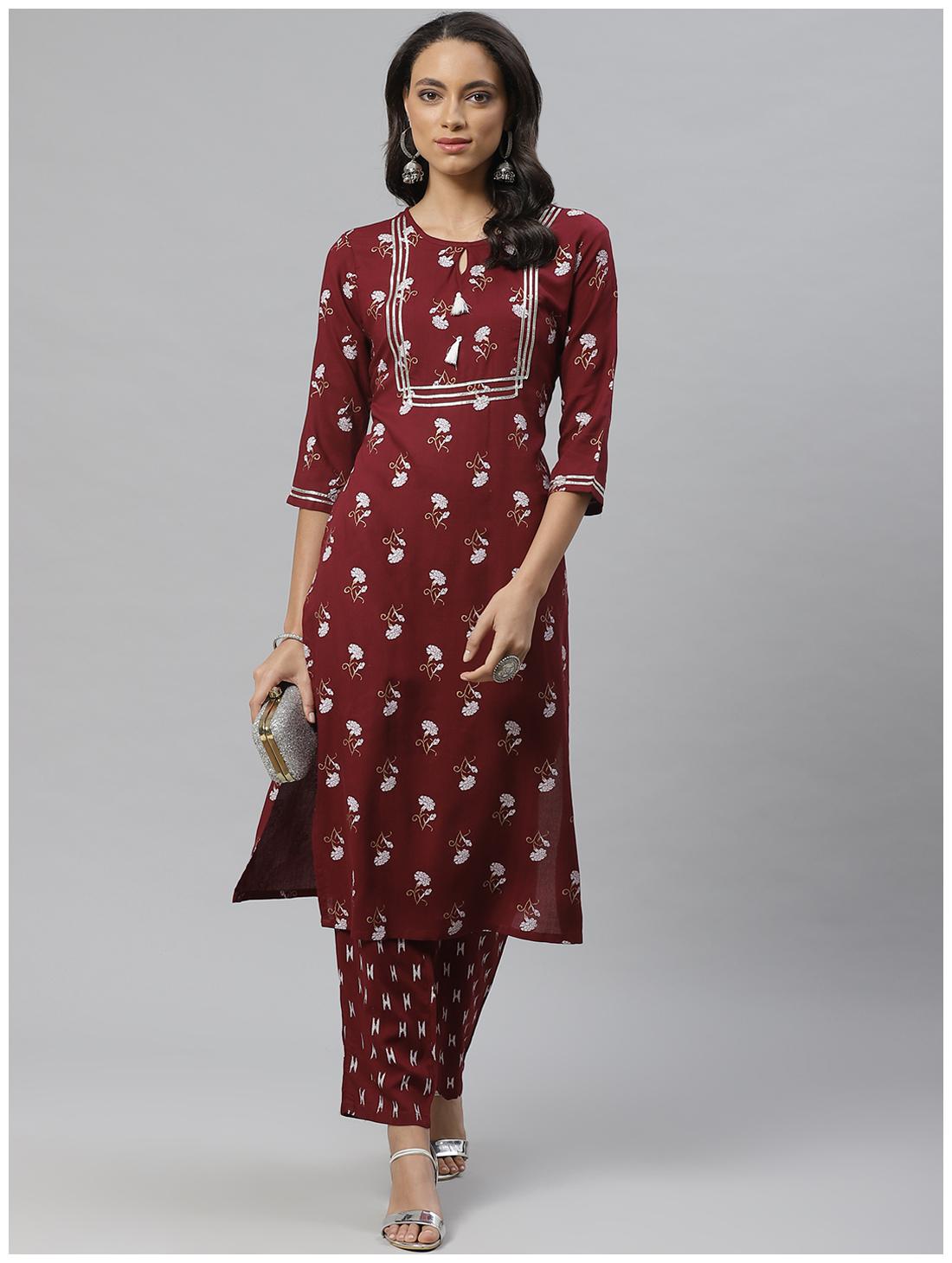 

Vasudha Women Maroon Floral Straight Kurta With Pants