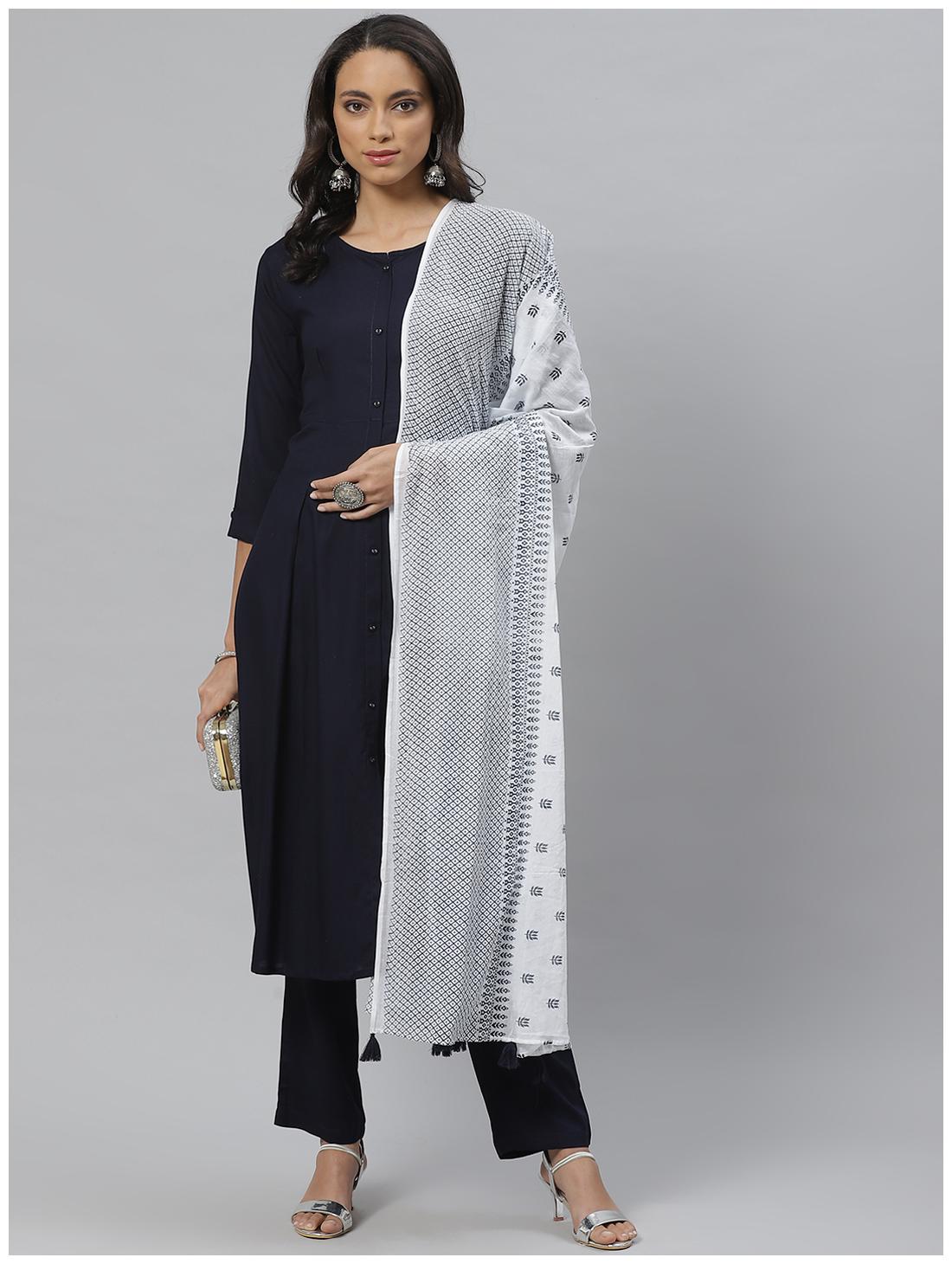 

Vasudha Women Blue Solid Straight Kurta With Pants And Dupatta