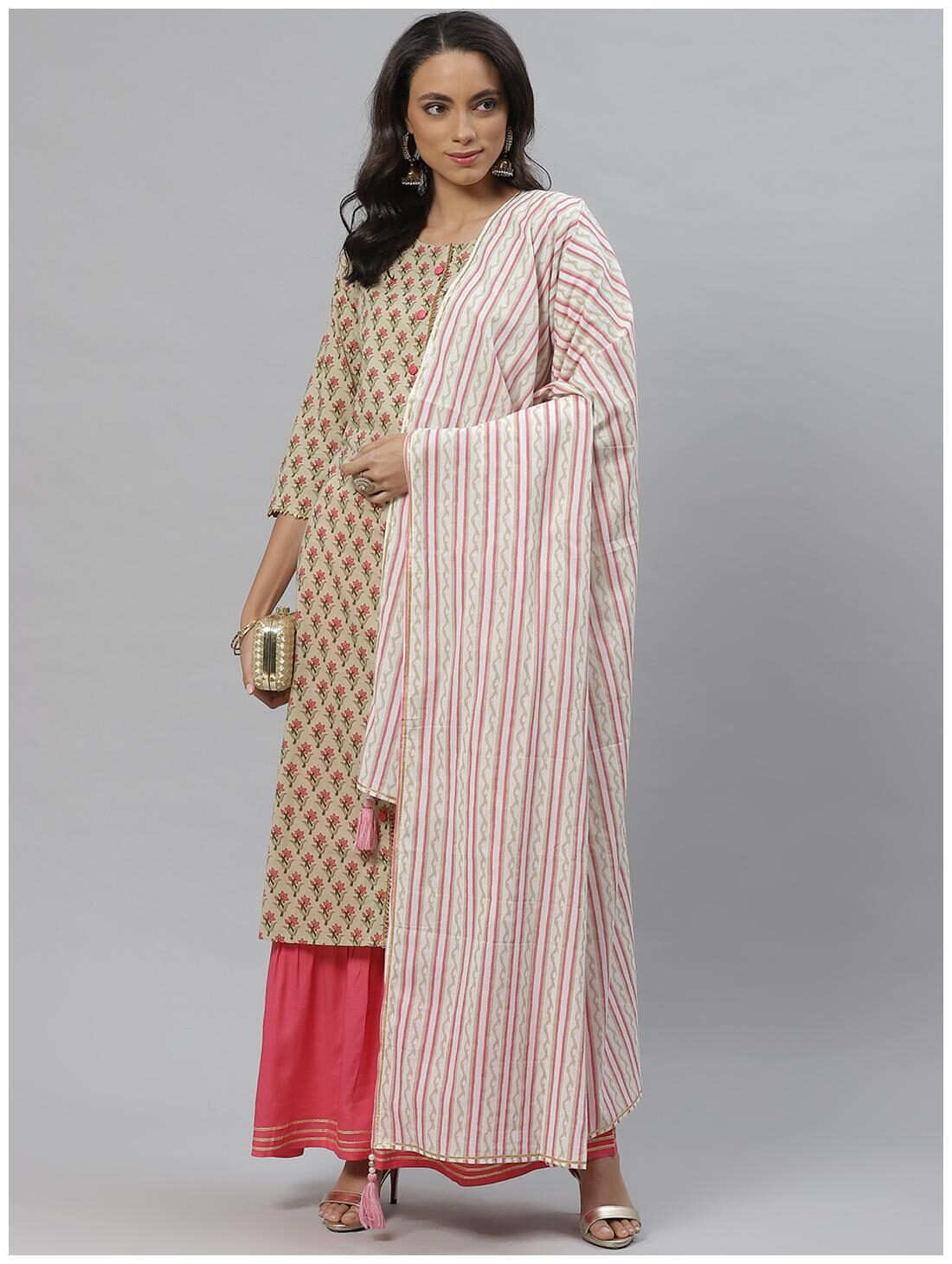 

Vasudha Women Beige Floral Straight Kurta With Sharara And Dupatta