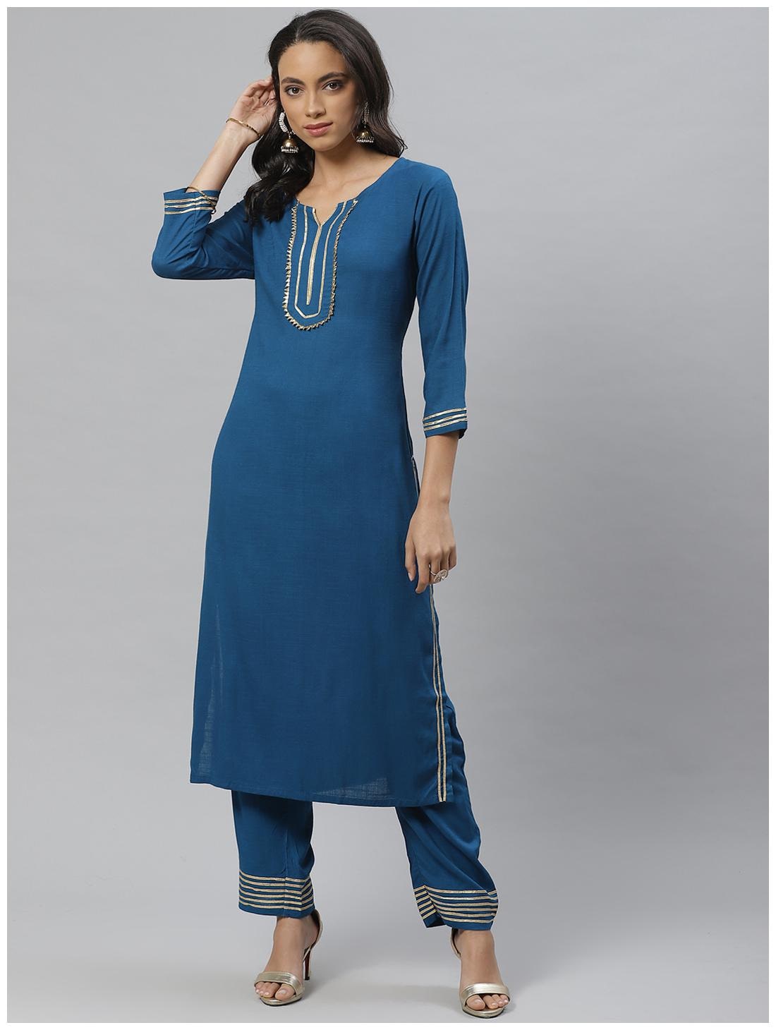 

Vasudha Women Blue Solid Straight Kurta With Pants