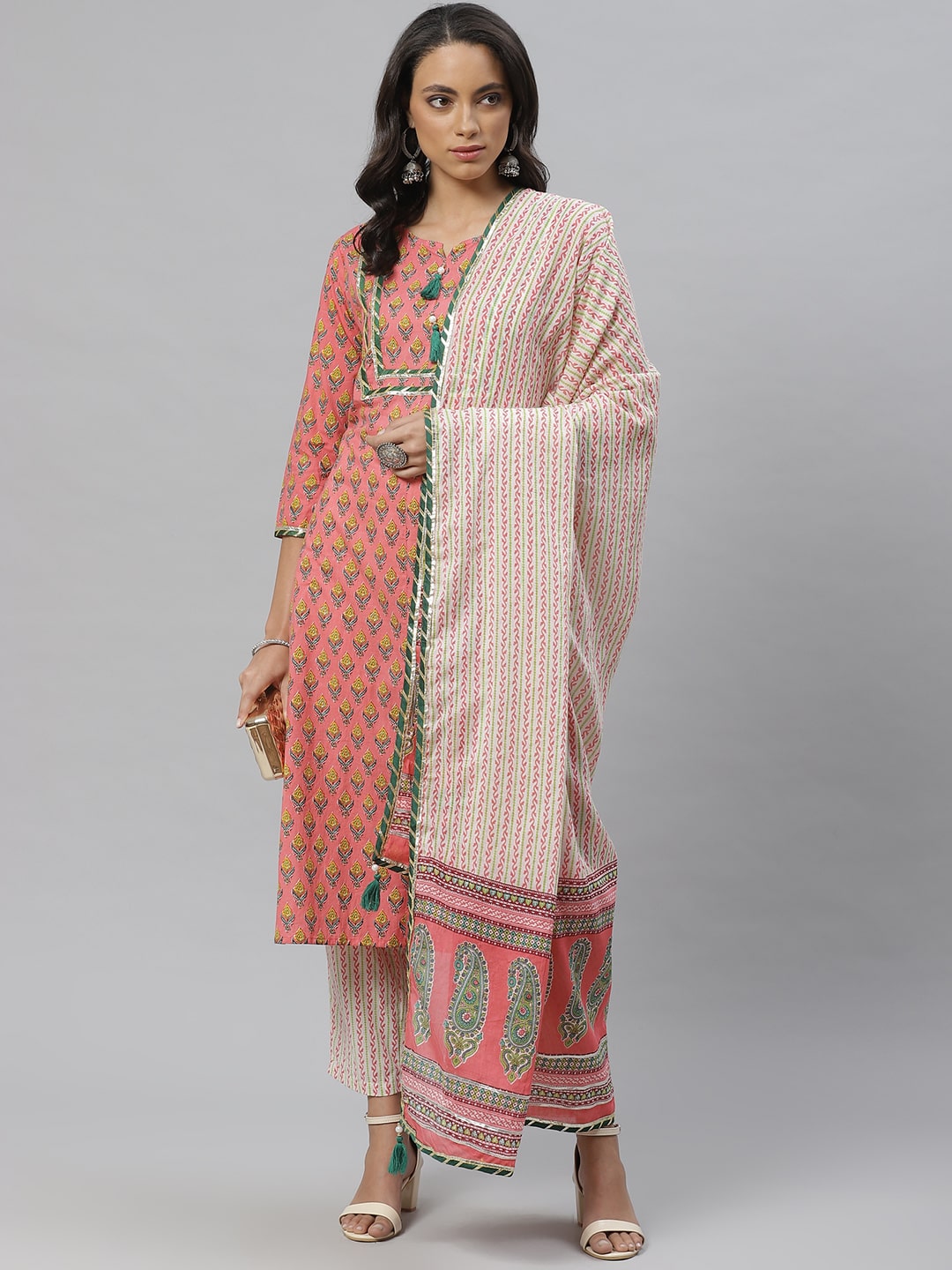 

Vasudha Women Peach Printed Straight Kurta With Pants And Dupatta
