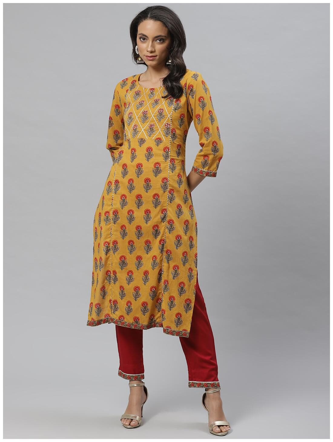 

Vasudha Women Mustard Floral Straight Kurta With Pants