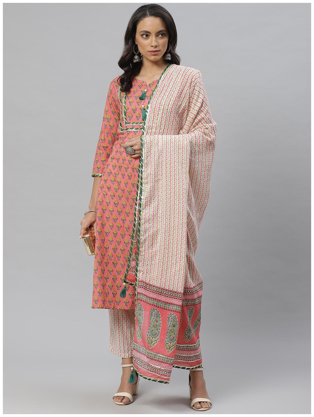 

Vasudha Women Peach Printed Straight Kurta With Pants And Dupatta