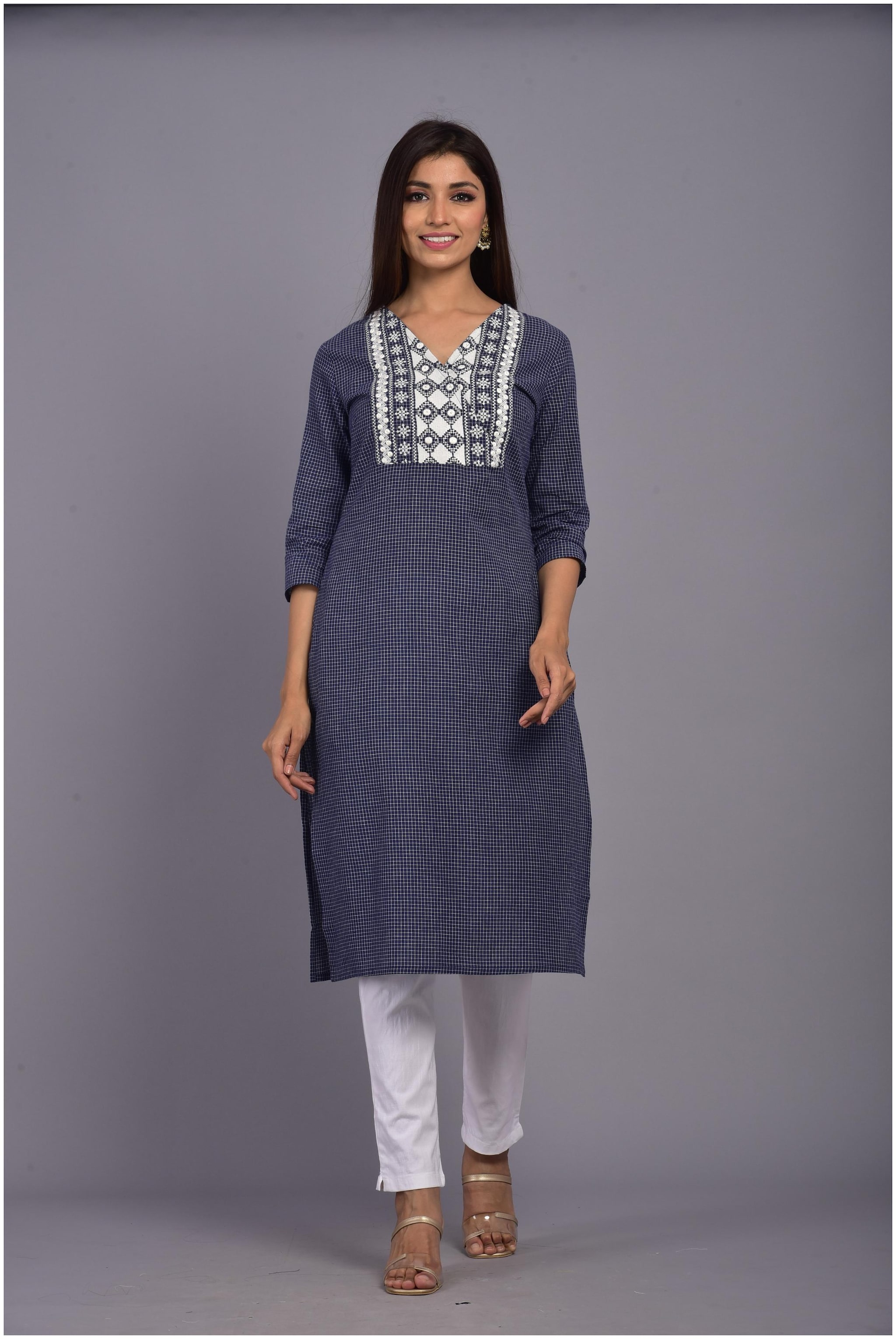 

VASVI Women Blue Checkered Regular Kurta
