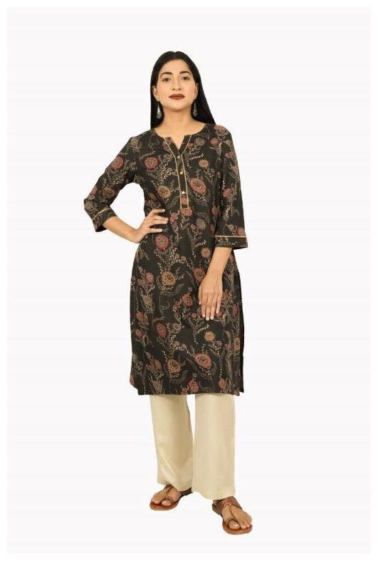 

VEDAMANI Women Black Floral Straight Kurta
