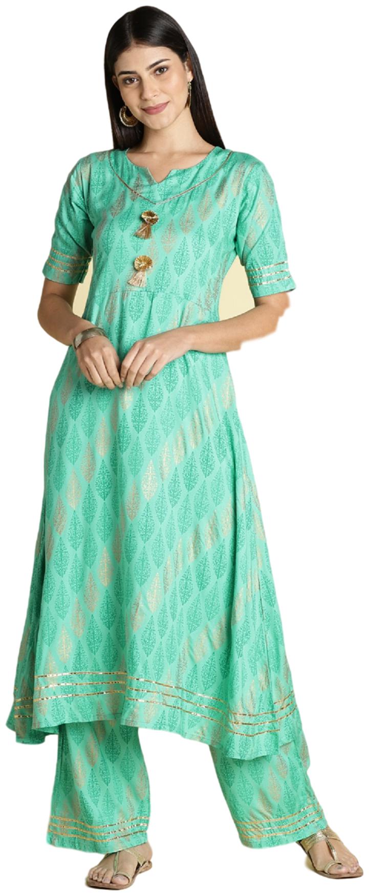 

VEDANA Cambric Long Partywear Kurta With Palazzo Green
