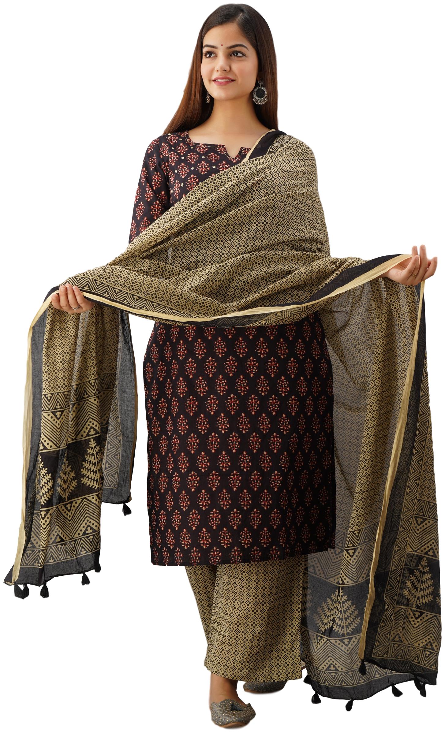 

VEDANA Women Black Printed Regular Kurta With Palazzo And Dupatta