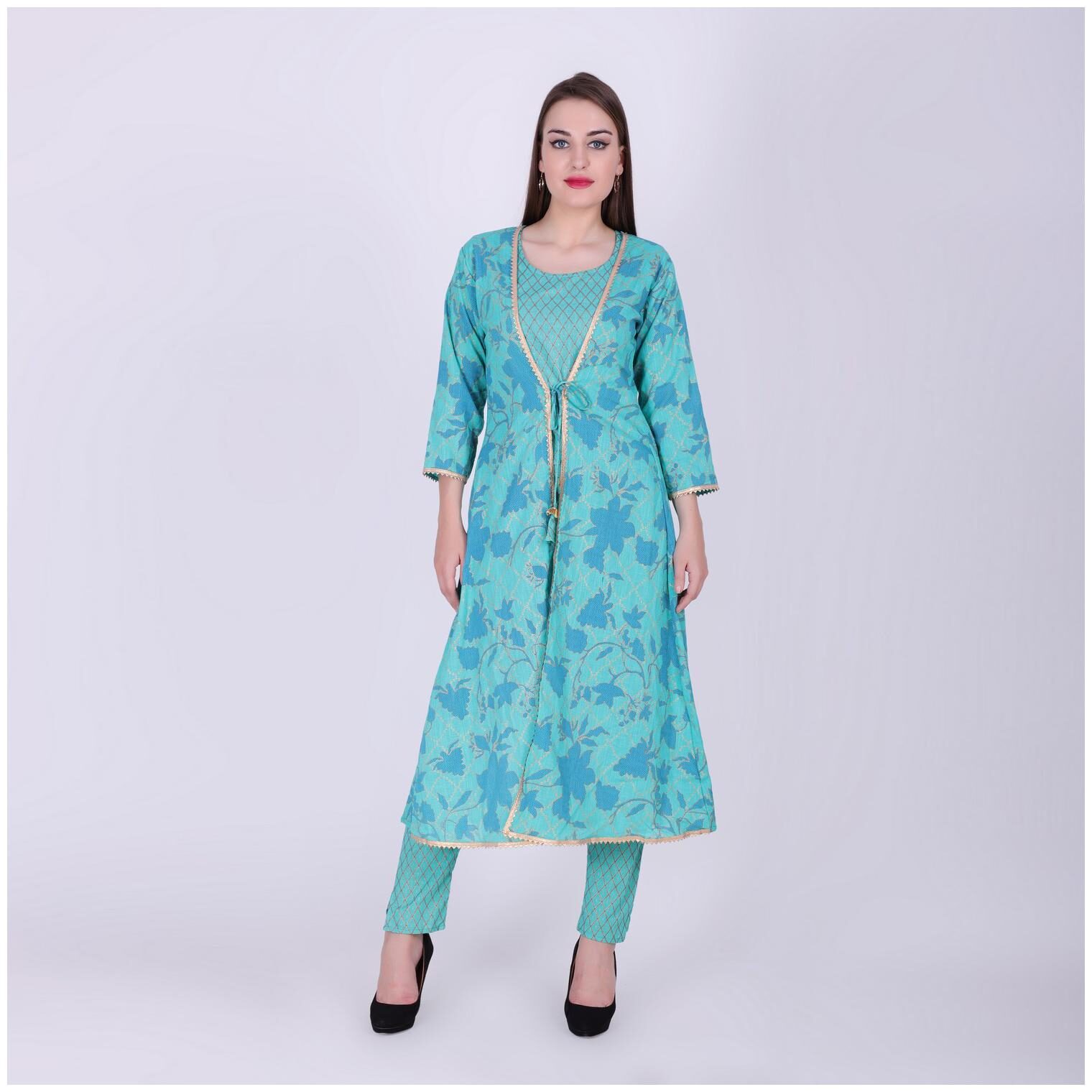 

VEDANA Cotton Medium Festival Kurta With Pants Green