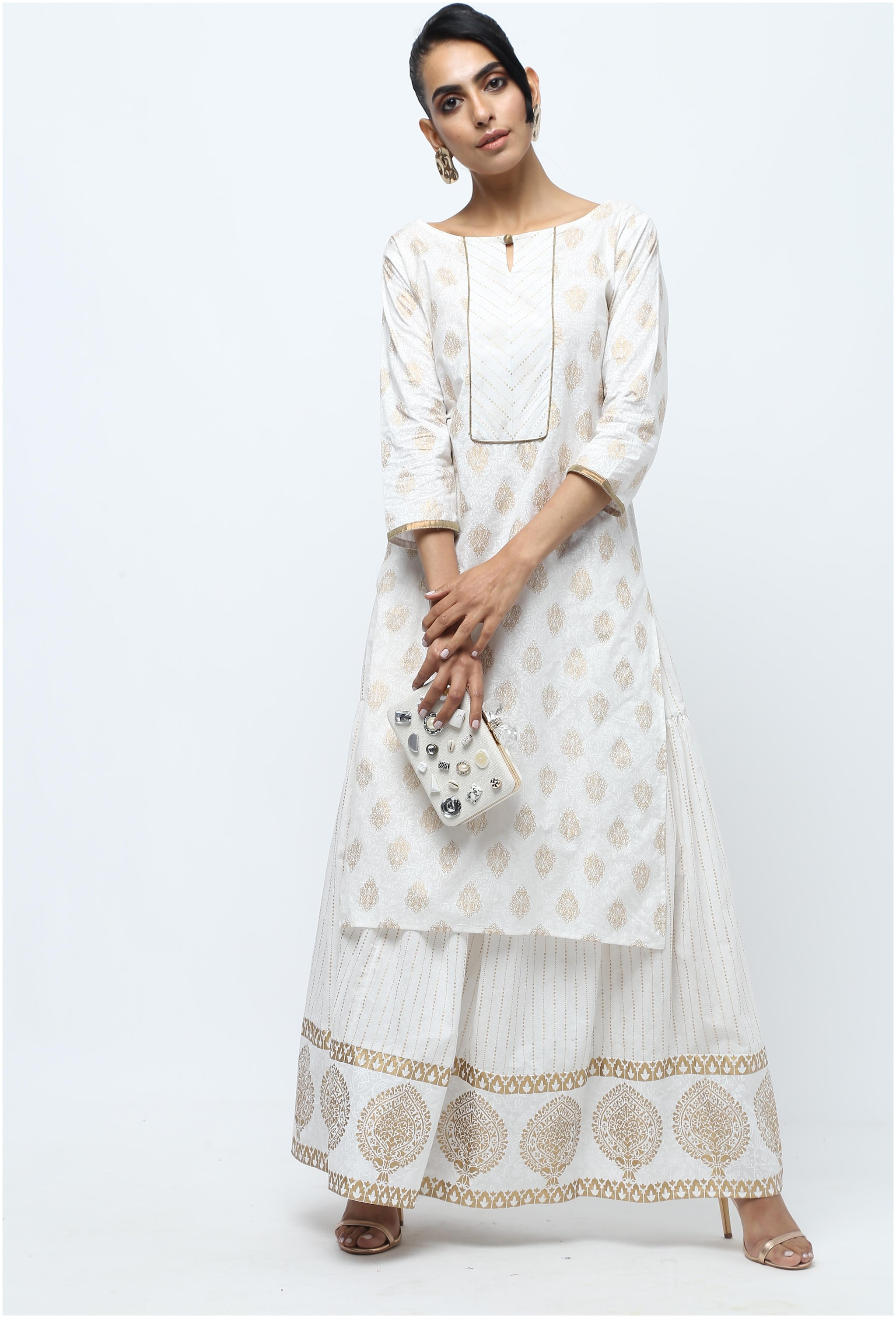 

VEDANA Cotton Long Festival Kurta Sharara White
