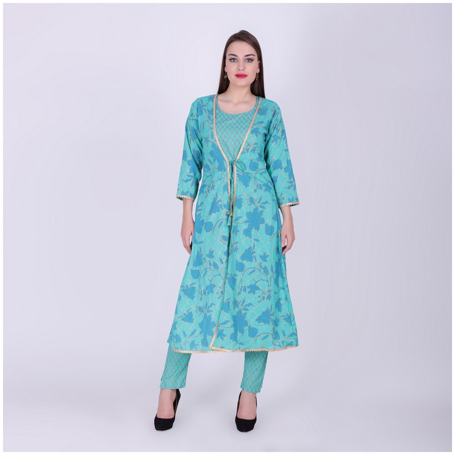 

VEDANA Cotton Medium Festival Kurta With Pants Green