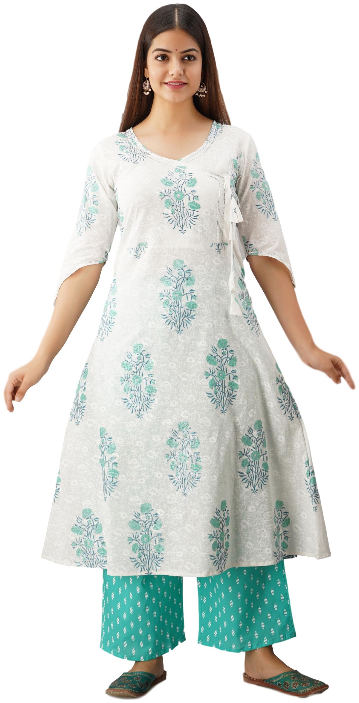 

VEDANA Cotton Floral Turquoise White Color Kurti And Palazzo Set