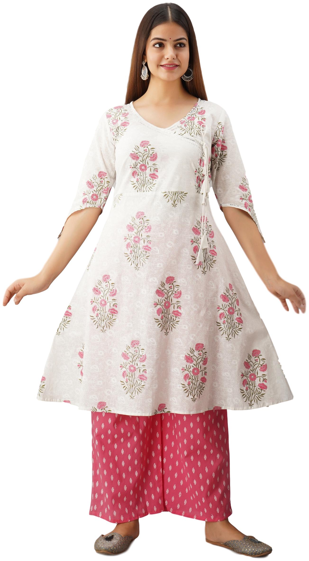 

VEDANA Cotton Floral Pink White Color Kurti And Palazzo Set