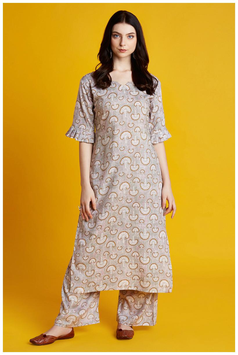 

Vedana Floral Print Kurti Palazzo Set (Grey)